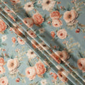 Dusty Blue Pure Silk Satin Fabric with Peach and Cream Floral Print, 140 Cms Width, South Korea-D25358