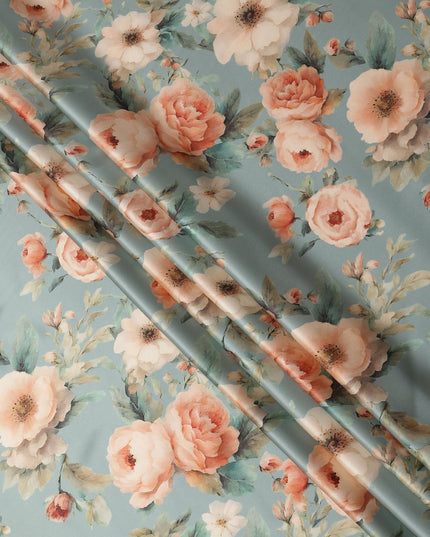 Dusty Blue Pure Silk Satin Fabric with Peach and Cream Floral Print, 140 Cms Width, South Korea-D25358
