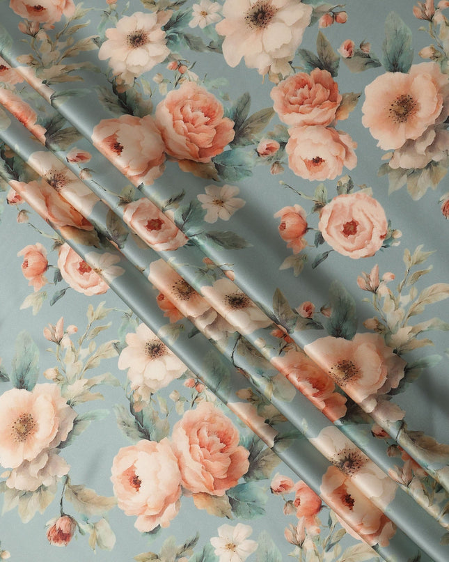 Dusty Blue Pure Silk Satin Fabric with Peach and Cream Floral Print, 140 Cms Width, South Korea-D25358