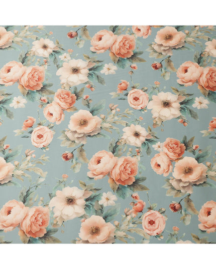Dusty Blue Pure Silk Satin Fabric with Peach and Cream Floral Print, 140 Cms Width, South Korea-D25358