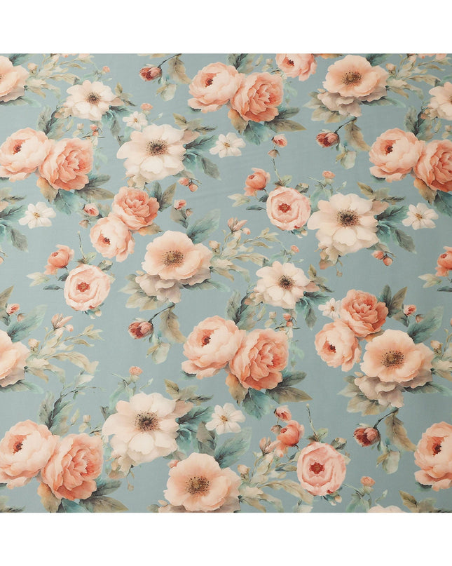 Dusty Blue Pure Silk Satin Fabric with Peach and Cream Floral Print, 140 Cms Width, South Korea-D25358