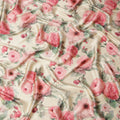 Cream Pure Silk Satin Fabric with Pink and Red Floral Print, 140 Cms Width, South Korea-D25359