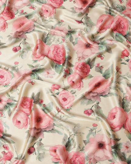 Cream Pure Silk Satin Fabric with Pink and Red Floral Print, 140 Cms Width, South Korea-D25359