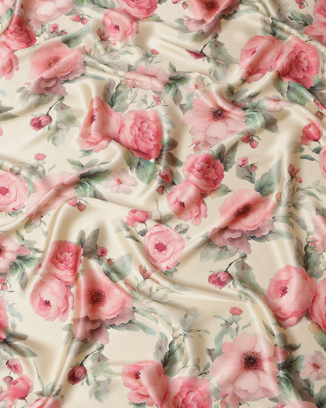 Cream Pure Silk Satin Fabric with Pink and Red Floral Print, 140 Cms Width, South Korea-D25359
