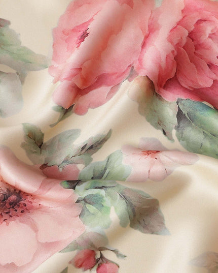 Cream Pure Silk Satin Fabric with Pink and Red Floral Print, 140 Cms Width, South Korea-D25359