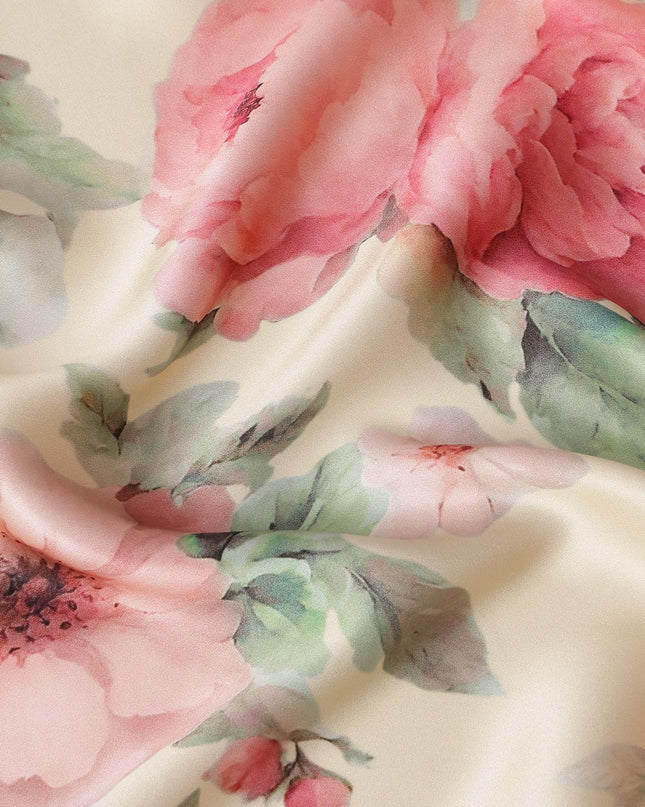 Cream Pure Silk Satin Fabric with Pink and Red Floral Print, 140 Cms Width, South Korea-D25359