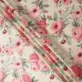 Cream Pure Silk Satin Fabric with Pink and Red Floral Print, 140 Cms Width, South Korea-D25359