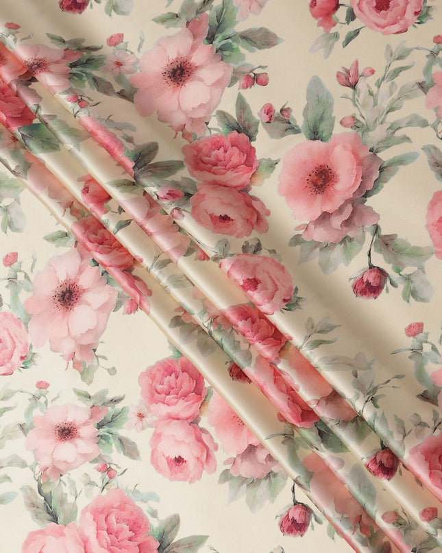 Cream Pure Silk Satin Fabric with Pink and Red Floral Print, 140 Cms Width, South Korea-D25359