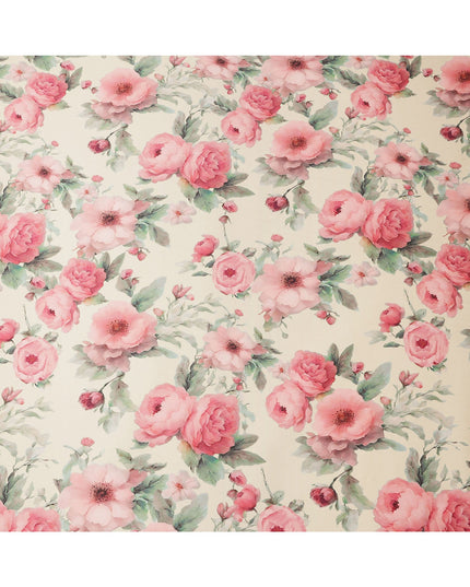 Cream Pure Silk Satin Fabric with Pink and Red Floral Print, 140 Cms Width, South Korea-D25359