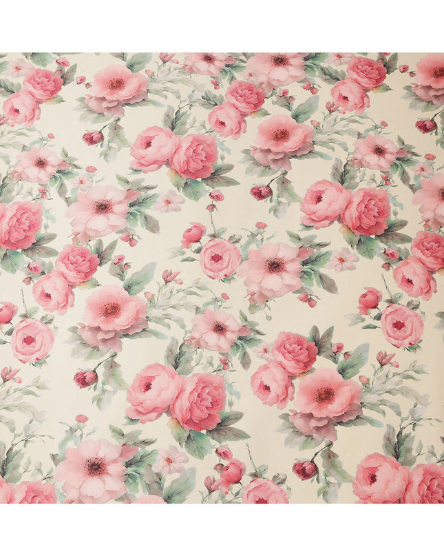 Cream Pure Silk Satin Fabric with Pink and Red Floral Print, 140 Cms Width, South Korea-D25359