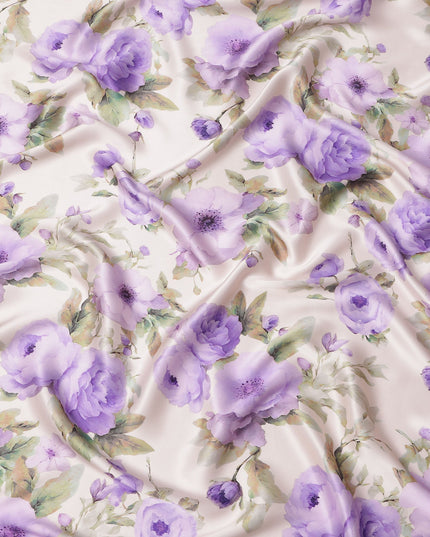 Ivory Pure Silk Satin Fabric with Purple Floral Print, 140 Cms Width, South Korea-D25356