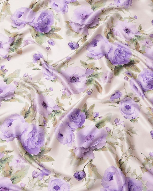 Ivory Pure Silk Satin Fabric with Purple Floral Print, 140 Cms Width, South Korea-D25356