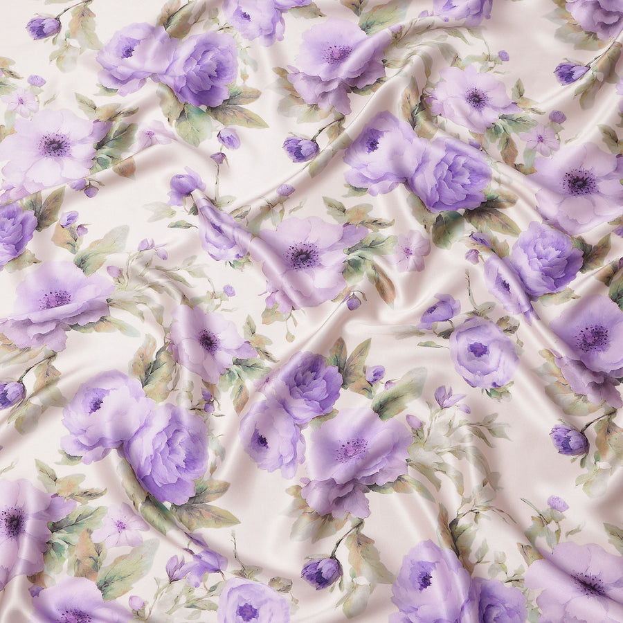 Ivory Pure Silk Satin Fabric with Purple Floral Print, 140 Cms Width, South Korea-D25356