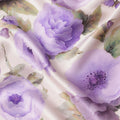 Ivory Pure Silk Satin Fabric with Purple Floral Print, 140 Cms Width, South Korea-D25356