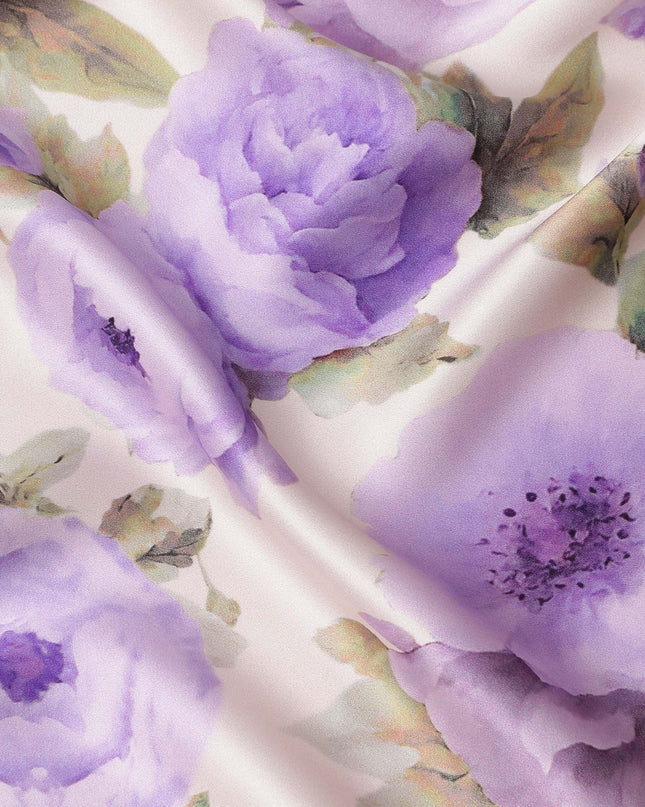 Ivory Pure Silk Satin Fabric with Purple Floral Print, 140 Cms Width, South Korea-D25356