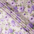 Ivory Pure Silk Satin Fabric with Purple Floral Print, 140 Cms Width, South Korea-D25356