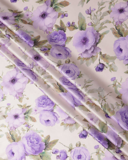 Ivory Pure Silk Satin Fabric with Purple Floral Print, 140 Cms Width, South Korea-D25356