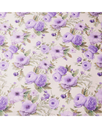 Ivory Pure Silk Satin Fabric with Purple Floral Print, 140 Cms Width, South Korea-D25356