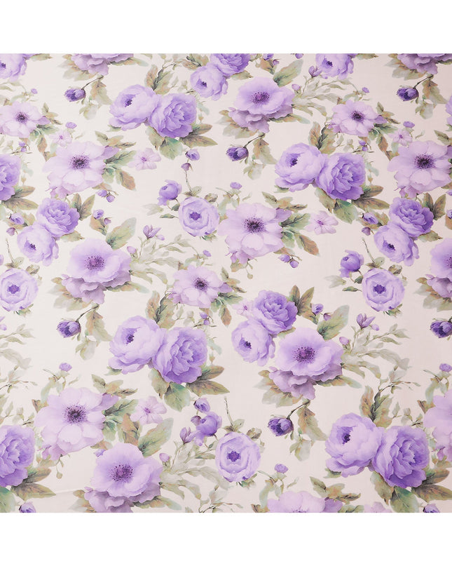 Ivory Pure Silk Satin Fabric with Purple Floral Print, 140 Cms Width, South Korea-D25356