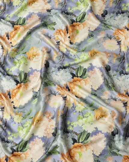 Lavender Pure Silk Satin Fabric with Yellow and White Floral Print, 140 Cms Width, South Korea-D25363