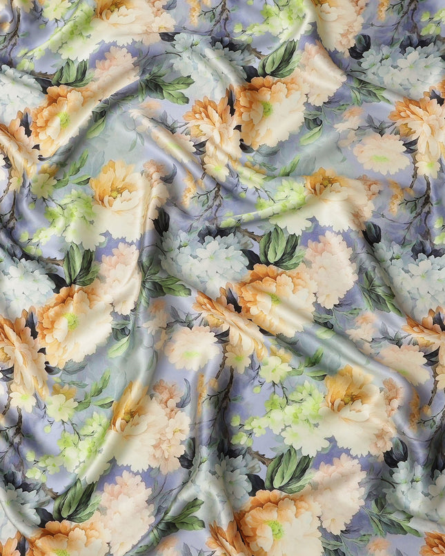 Lavender Pure Silk Satin Fabric with Yellow and White Floral Print, 140 Cms Width, South Korea-D25363