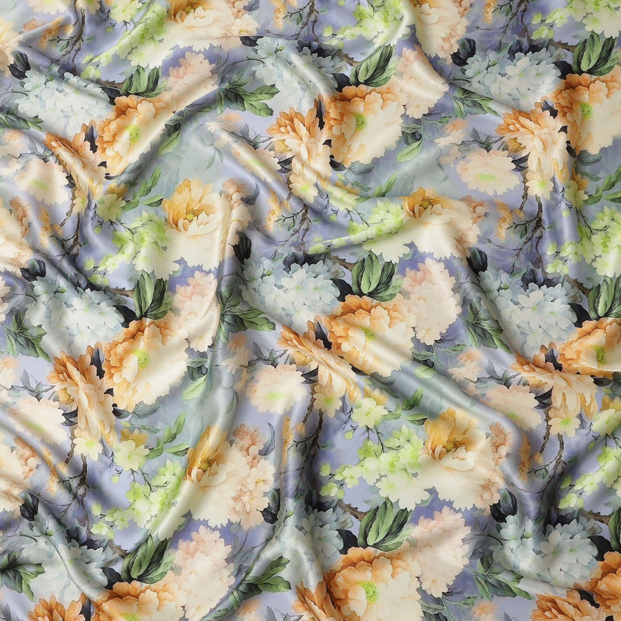 Lavender Pure Silk Satin Fabric with Yellow and White Floral Print, 140 Cms Width, South Korea-D25363