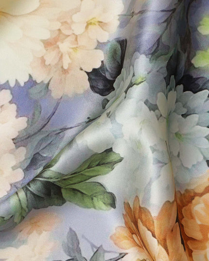 Lavender Pure Silk Satin Fabric with Yellow and White Floral Print, 140 Cms Width, South Korea-D25363
