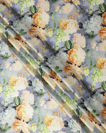 Lavender Pure Silk Satin Fabric with Yellow and White Floral Print, 140 Cms Width, South Korea-D25363