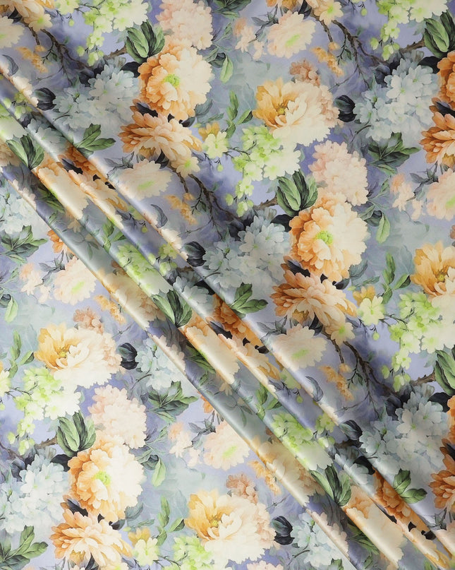 Lavender Pure Silk Satin Fabric with Yellow and White Floral Print, 140 Cms Width, South Korea-D25363