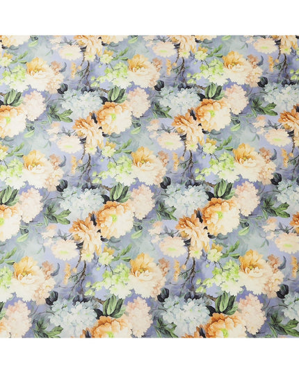Lavender Pure Silk Satin Fabric with Yellow and White Floral Print, 140 Cms Width, South Korea-D25363