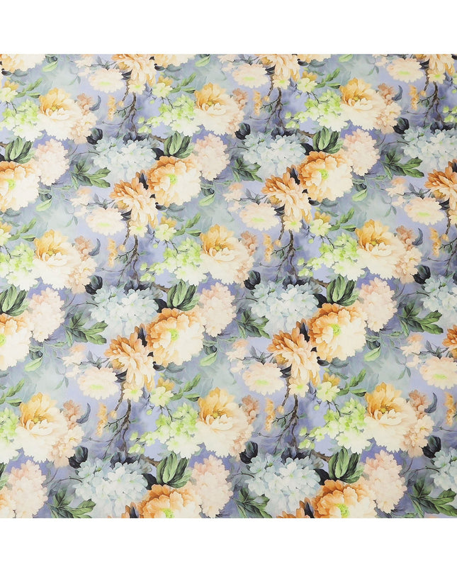 Lavender Pure Silk Satin Fabric with Yellow and White Floral Print, 140 Cms Width, South Korea-D25363