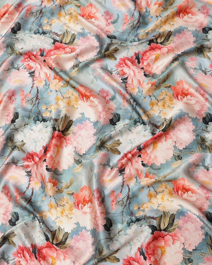 Blue Pure Silk Satin Fabric with Multicolor Floral Print, 140 Cms Width, South Korea-D25362