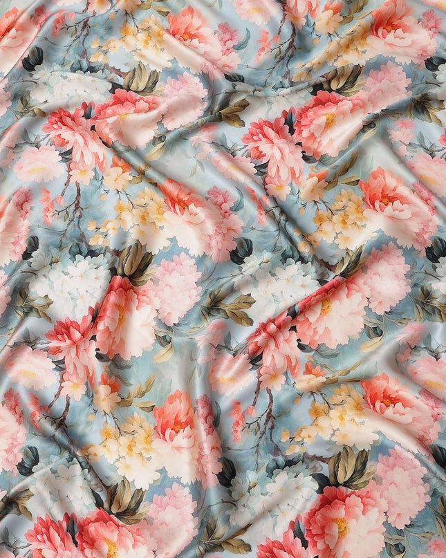 Blue Pure Silk Satin Fabric with Multicolor Floral Print, 140 Cms Width, South Korea-D25362