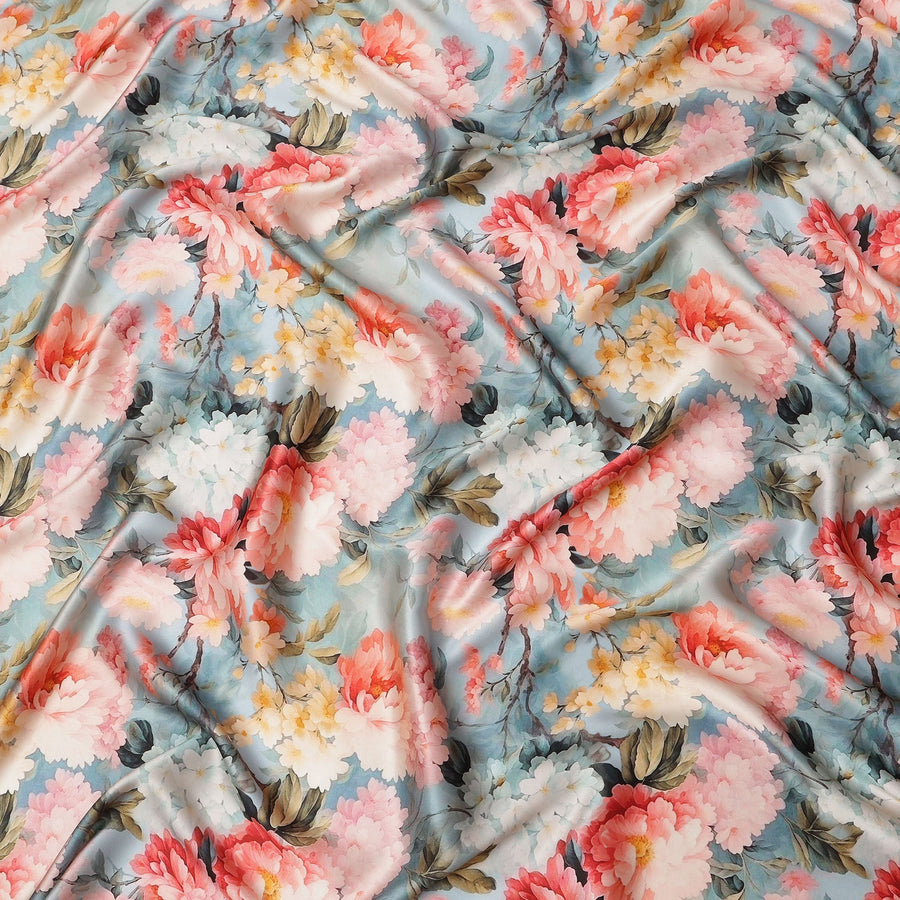Blue Pure Silk Satin Fabric with Multicolor Floral Print, 140 Cms Width, South Korea-D25362