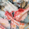 Blue Pure Silk Satin Fabric with Multicolor Floral Print, 140 Cms Width, South Korea-D25362