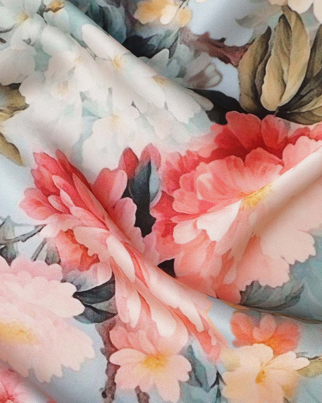 Blue Pure Silk Satin Fabric with Multicolor Floral Print, 140 Cms Width, South Korea-D25362