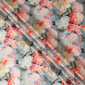 Blue Pure Silk Satin Fabric with Multicolor Floral Print, 140 Cms Width, South Korea-D25362