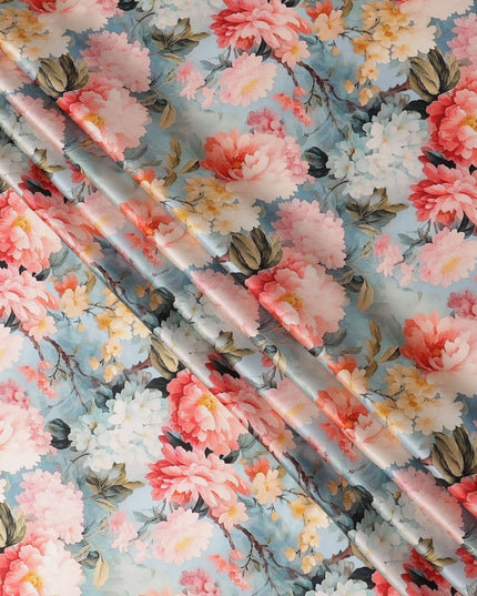 Blue Pure Silk Satin Fabric with Multicolor Floral Print, 140 Cms Width, South Korea-D25362