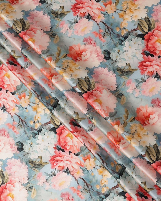 Blue Pure Silk Satin Fabric with Multicolor Floral Print, 140 Cms Width, South Korea-D25362