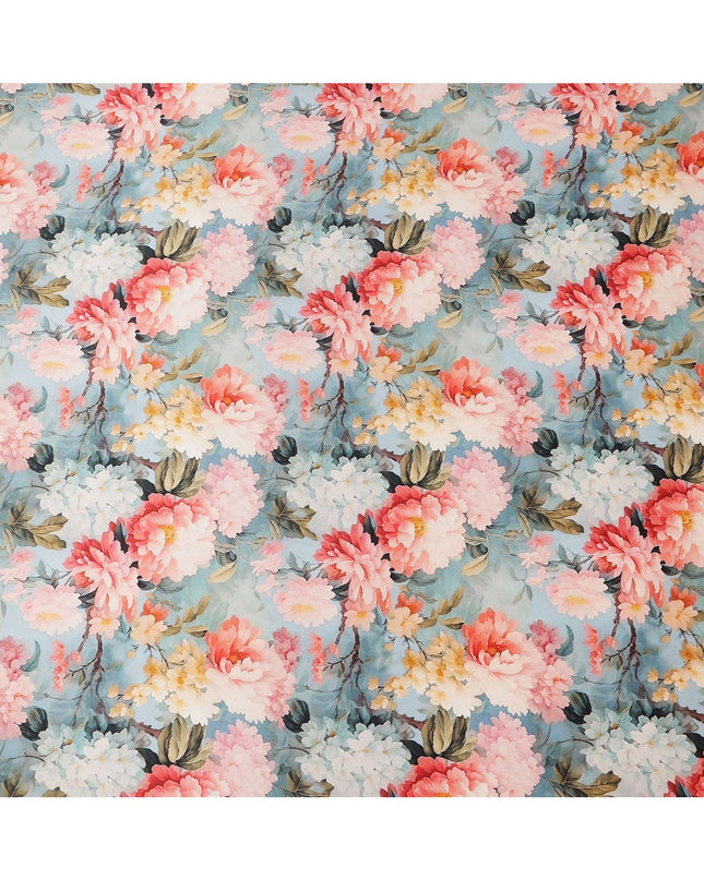 Blue Pure Silk Satin Fabric with Multicolor Floral Print, 140 Cms Width, South Korea-D25362