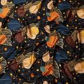 Black Pure Silk Satin Fabric with Abstract Leaf and Geometric Print, 140 Cms Width, South Korea-D25354