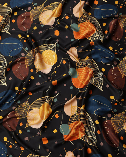 Black Pure Silk Satin Fabric with Abstract Leaf and Geometric Print, 140 Cms Width, South Korea-D25354