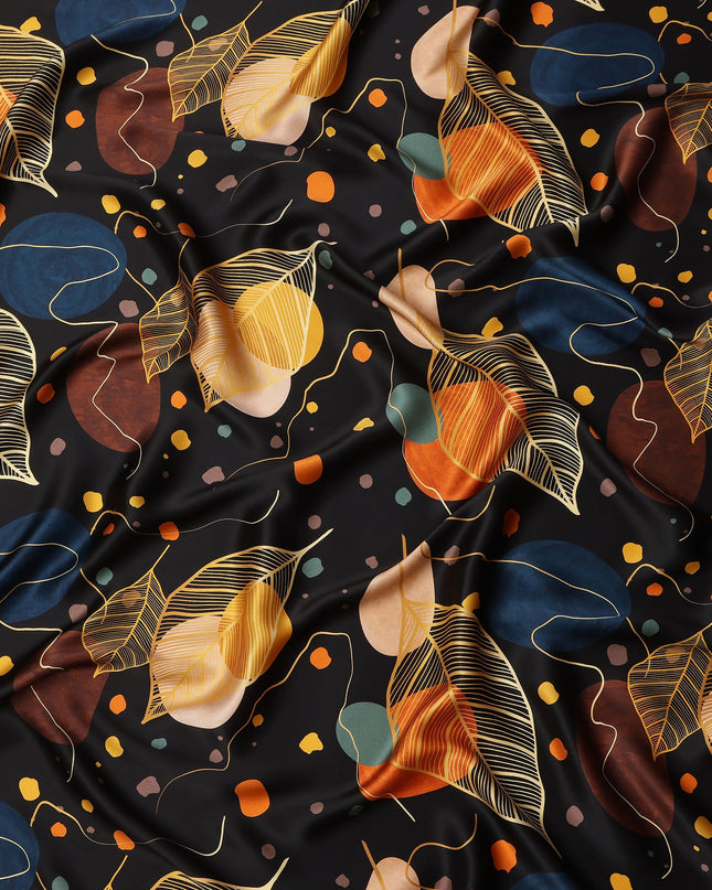Black Pure Silk Satin Fabric with Abstract Leaf and Geometric Print, 140 Cms Width, South Korea-D25354