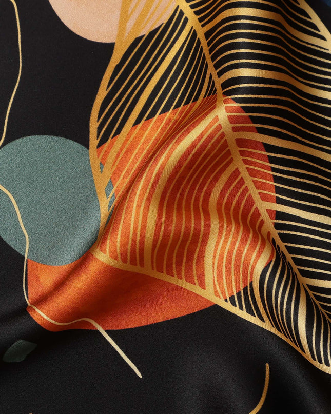 Black Pure Silk Satin Fabric with Abstract Leaf and Geometric Print, 140 Cms Width, South Korea-D25354