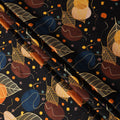 Black Pure Silk Satin Fabric with Abstract Leaf and Geometric Print, 140 Cms Width, South Korea-D25354