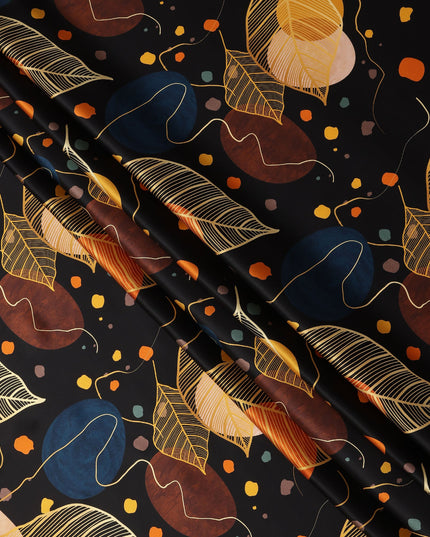 Black Pure Silk Satin Fabric with Abstract Leaf and Geometric Print, 140 Cms Width, South Korea-D25354