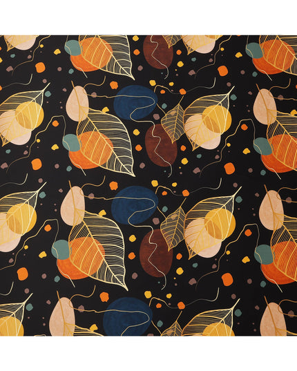 Black Pure Silk Satin Fabric with Abstract Leaf and Geometric Print, 140 Cms Width, South Korea-D25354