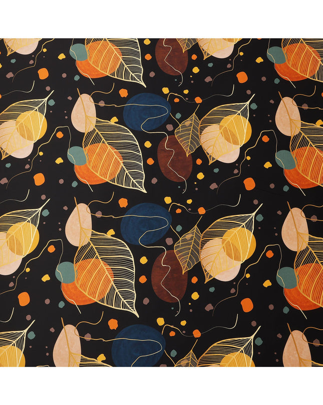 Black Pure Silk Satin Fabric with Abstract Leaf and Geometric Print, 140 Cms Width, South Korea-D25354