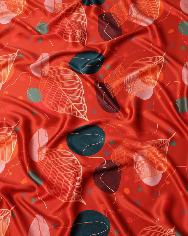 Red Pure Silk Satin Fabric with Abstract Leaf and Geometric Print, 140 Cms Width, South Korea-D25360