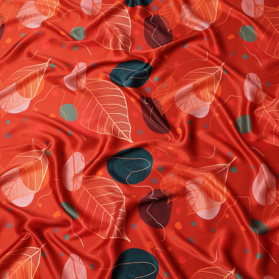 Red Pure Silk Satin Fabric with Abstract Leaf and Geometric Print, 140 Cms Width, South Korea-D25360